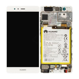 Huawei P9 - LCD Display + Touchscreen Front Glas + Rahmen + Akku Batterie (White) - 02350RRY, 02350RKF Genuine Service Pack