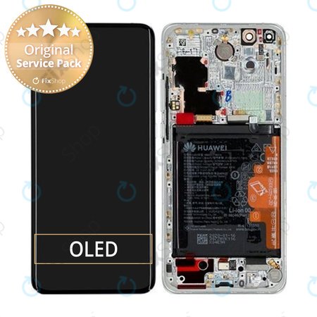 Huawei P40 Pro - LCD Display + Touchscreen Front Glas + Rahmen + Akku Batterie + Fingerabdruck-Sensor Fingerabdruck (Ice White, Silver Frost) - 02353PJK Genuine Service Pack