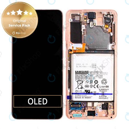 Samsung Galaxy S21 G991B - LCD Display + Touchscreen Front Glas + Rahmen + Akku Batterie (Phantom Pink) - GH82-24716D, GH82-24718D Genuine Service Pack